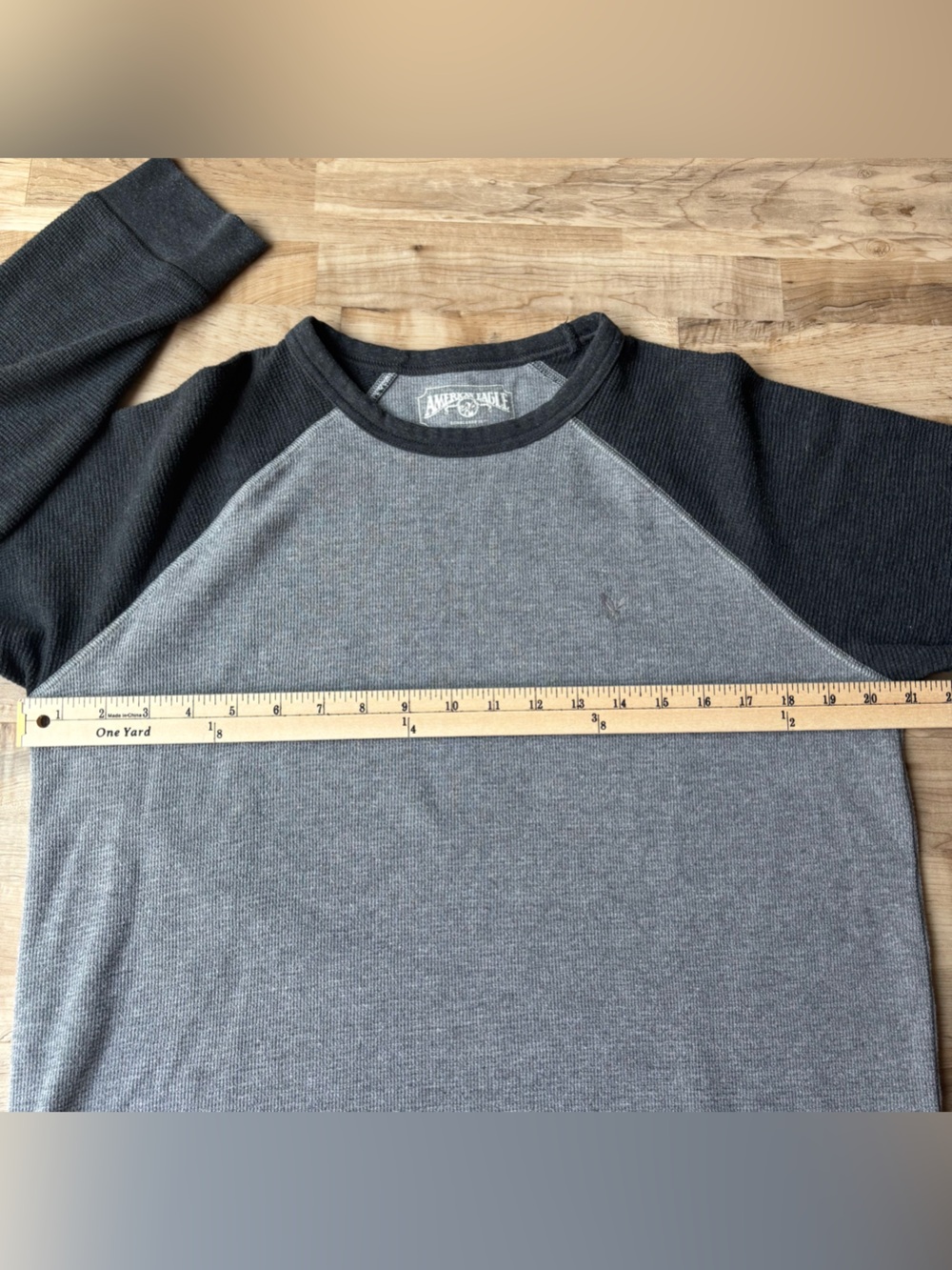 American Eagle Men's Thermal Shirt Gray Raglan Waffle Knit M Cabin Grunge - Picture 8 of 13
